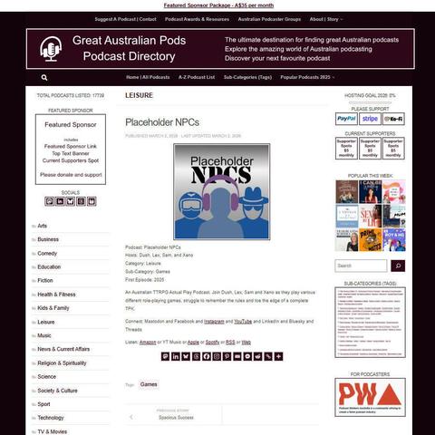 Placeholder NPCs
Screenshot of the podcast listing on the Great Australian Pods website