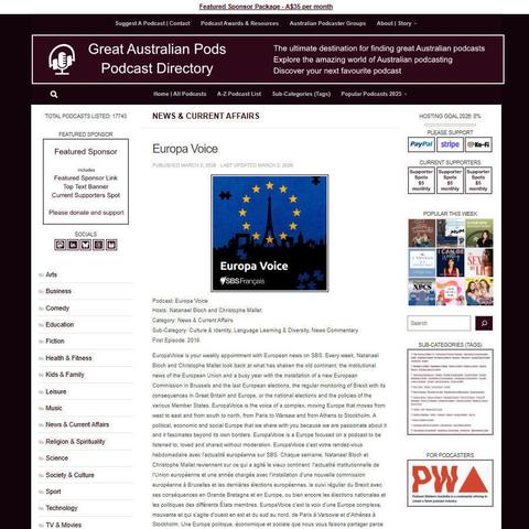 Europa Voice
Screenshot of the podcast listing on the Great Australian Pods website