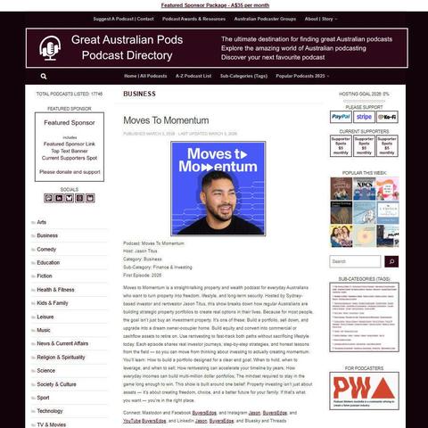 Moves To Momentum
Screenshot of the podcast listing on the Great Australian Pods website