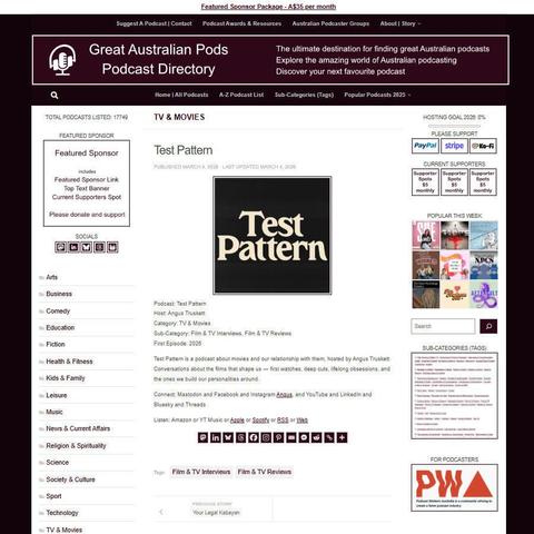 Test Pattern
Screenshot of the podcast listing on the Great Australian Pods website