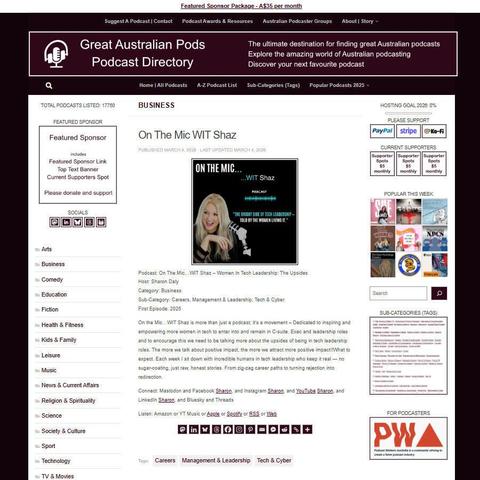 On The Mic...WIT Shaz - Women In Tech Leadership: The Upsides
Screenshot of the podcast listing on the Great Australian Pods website
