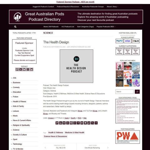 The Health Design Podcast 
Screenshot of the podcast listing on the Great Australian Pods website