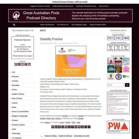Disability Practice Safeguarding Quality Service Delivery: A Podcast Series From The Living With Disability Research Centre
Screenshot of the podcast listing on the Great Australian Pods website