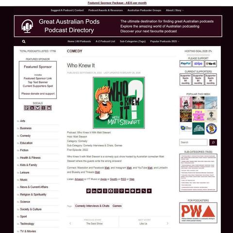 Who Knew It With Matt Stewart 
Screenshot of the podcast listing on the Great Australian Pods website
