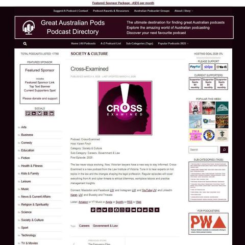 Cross-Examined
Screenshot of the podcast listing on the Great Australian Pods website