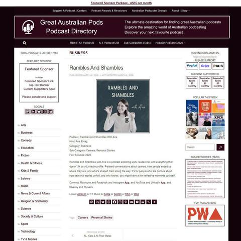 Rambles And Shambles With Ana
Screenshot of the podcast listing on the Great Australian Pods website