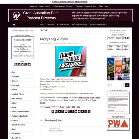 Rugby League Insider With James Hooper
Screenshot of the podcast listing on the Great Australian Pods website