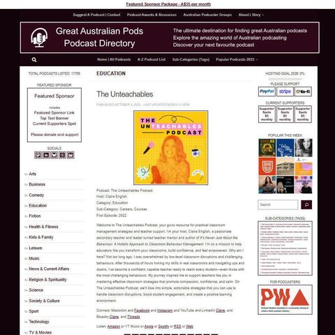 The Unteachables Podcast
Screenshot of the podcast listing on the Great Australian Pods website