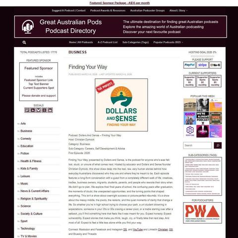 Dollars And Sense - Finding Your Way
Screenshot of the podcast listing on the Great Australian Pods website