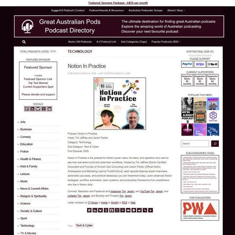 Notion In Practice
Screenshot of the podcast listing on the Great Australian Pods website
