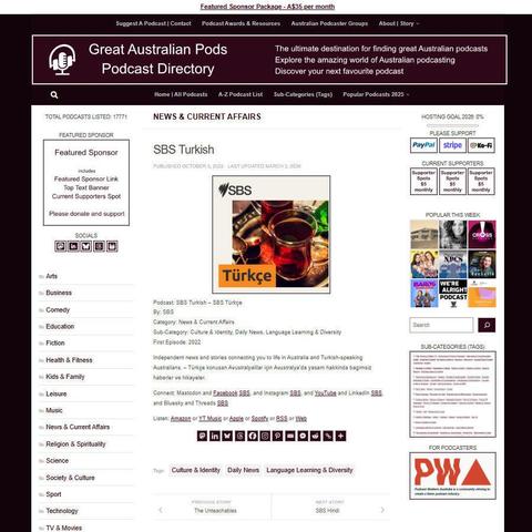 SBS Turkish - SBS Türkçe
Screenshot of the podcast listing on the Great Australian Pods website