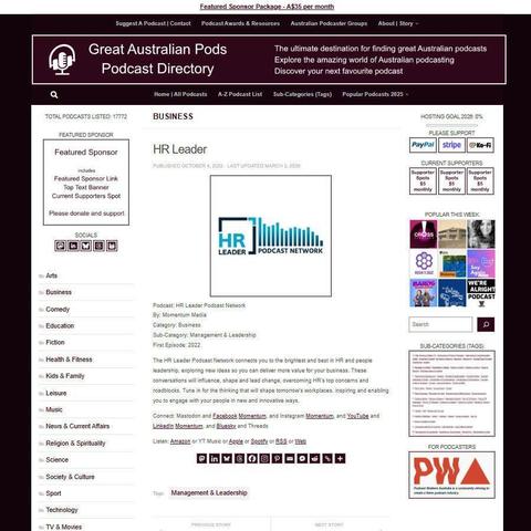HR Leader Podcast Network 
Screenshot of the podcast listing on the Great Australian Pods website