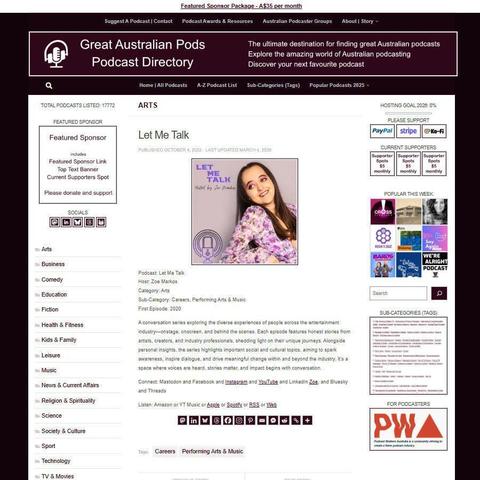 Let Me Talk
Screenshot of the podcast listing on the Great Australian Pods website