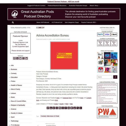 Advice Accreditation Bureau
Screenshot of the podcast listing on the Great Australian Pods website