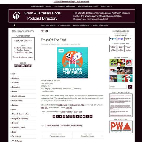 Fresh Off The Field
Screenshot of the podcast listing on the Great Australian Pods website