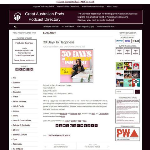 30 Days To Happiness Podcast
Screenshot of the podcast listing on the Great Australian Pods website