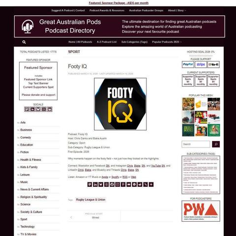 Footy IQ
Screenshot of the podcast listing on the Great Australian Pods website