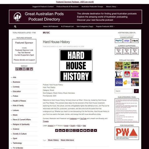 Hard House History
Screenshot of the podcast listing on the Great Australian Pods website