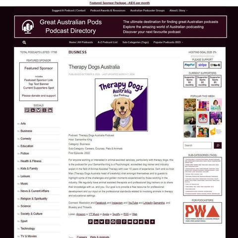 Therapy Dogs Australia Podcast
Screenshot of the podcast listing on the Great Australian Pods website