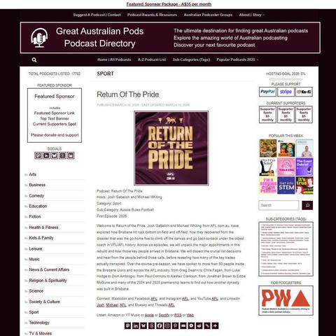 Return Of The Pride
Screenshot of the podcast listing on the Great Australian Pods website