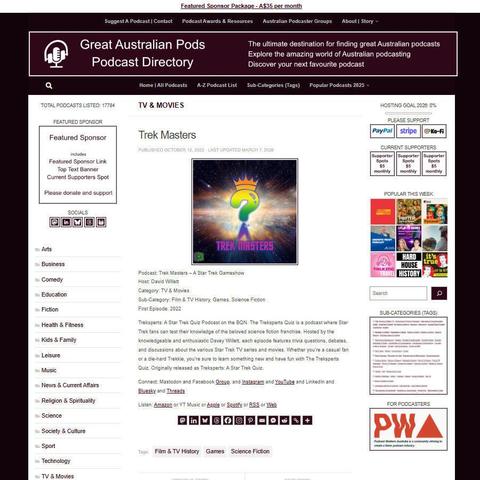 Trek Masters - A Star Trek Gameshow
Screenshot of the podcast listing on the Great Australian Pods website