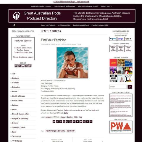 Find Your Feminine Podcast
Screenshot of the podcast listing on the Great Australian Pods website