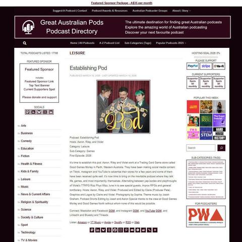 Establishing Pod
Screenshot of the podcast listing on the Great Australian Pods website