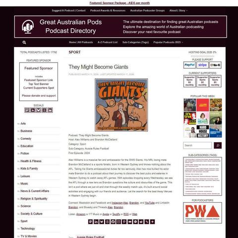 They Might Become Giants
Screenshot of the podcast listing on the Great Australian Pods website