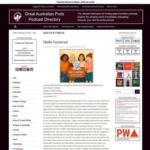 Midlife Reclaimed: A Podcast For Women Over 40 Navigating Midlife Burnout 
Screenshot of the podcast listing on the Great Australian Pods website