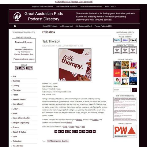 Talk Therapy
Screenshot of the podcast listing on the Great Australian Pods website
