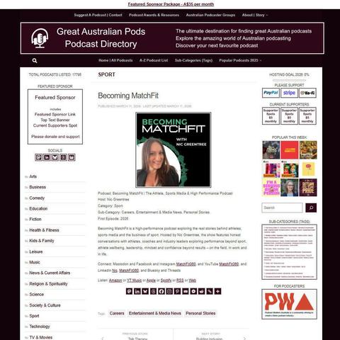 Becoming MatchFit | The Athlete, Sports Media & High Performance Podcast
Screenshot of the podcast listing on the Great Australian Pods website