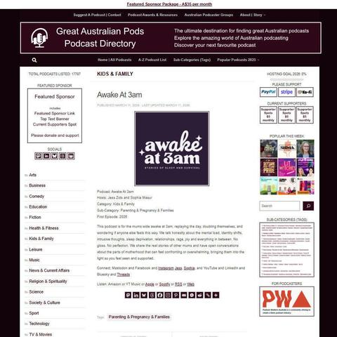 Awake At 3am
Screenshot of the podcast listing on the Great Australian Pods website
