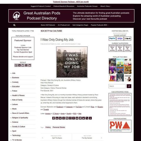 I Was Only Doing My Job: Australia's Military History
Screenshot of the podcast listing on the Great Australian Pods website