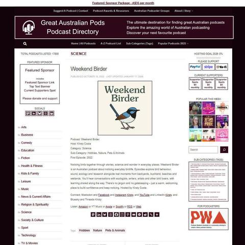 Weekend Birder
Screenshot of the podcast listing on the Great Australian Pods website