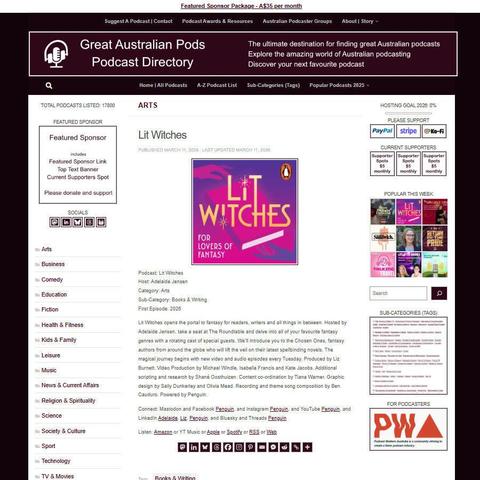 Lit Witches
Screenshot of the podcast listing on the Great Australian Pods website