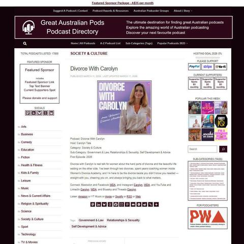 Divorce With Carolyn
Screenshot of the podcast listing on the Great Australian Pods website