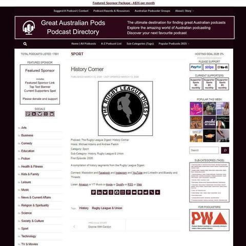 The Rugby League Digest: History Corner
Screenshot of the podcast listing on the Great Australian Pods website