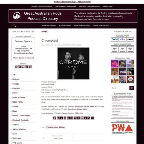 Chromecast
Screenshot of the podcast listing on the Great Australian Pods website