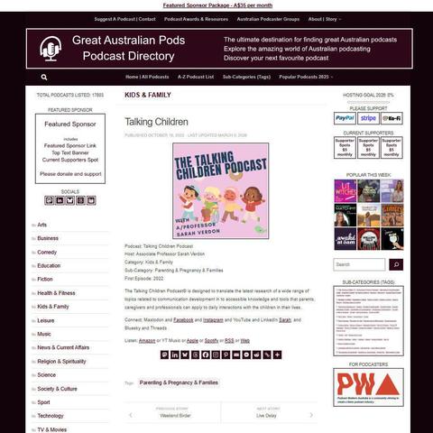 Talking Children Podcast 
Screenshot of the podcast listing on the Great Australian Pods website