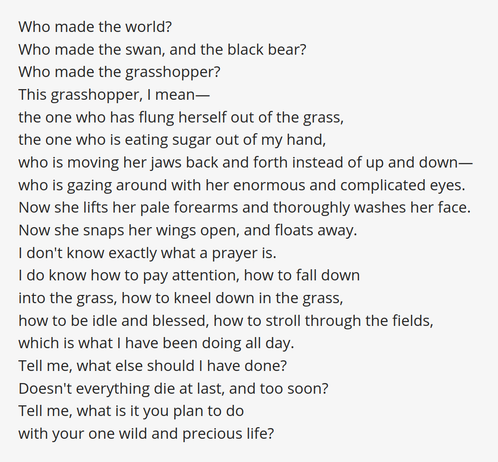 Who made the world?
Who made the swan, and the black bear?
Who made the grasshopper?
This grasshopper, I mean—
the one who has flung herself out of the grass,
the one who is eating sugar out of my hand,
who is moving her jaws back and forth instead of up and down—
who is gazing around with her enormous and complicated eyes.
Now she lifts her pale forearms and thoroughly washes her face.
Now she snaps her wings open, and floats away.
I don't know exactly what a prayer is.
I do know how to pay attention, how to fall down
into the grass, how to kneel down in the grass,
how to be idle and blessed, how to stroll through the fields,
which is what I have been doing all day.
Tell me, what else should I have done?
Doesn't everything die at last, and too soon?
Tell me, what is it you plan to do
with your one wild and precious life?