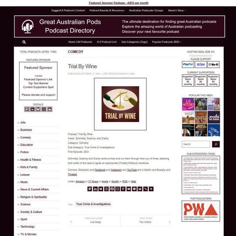 Trial By Wine
Screenshot of the podcast listing on the Great Australian Pods website