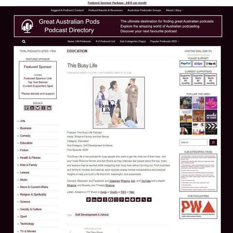 This Busy Life Podcast
Screenshot of the podcast listing on the Great Australian Pods website