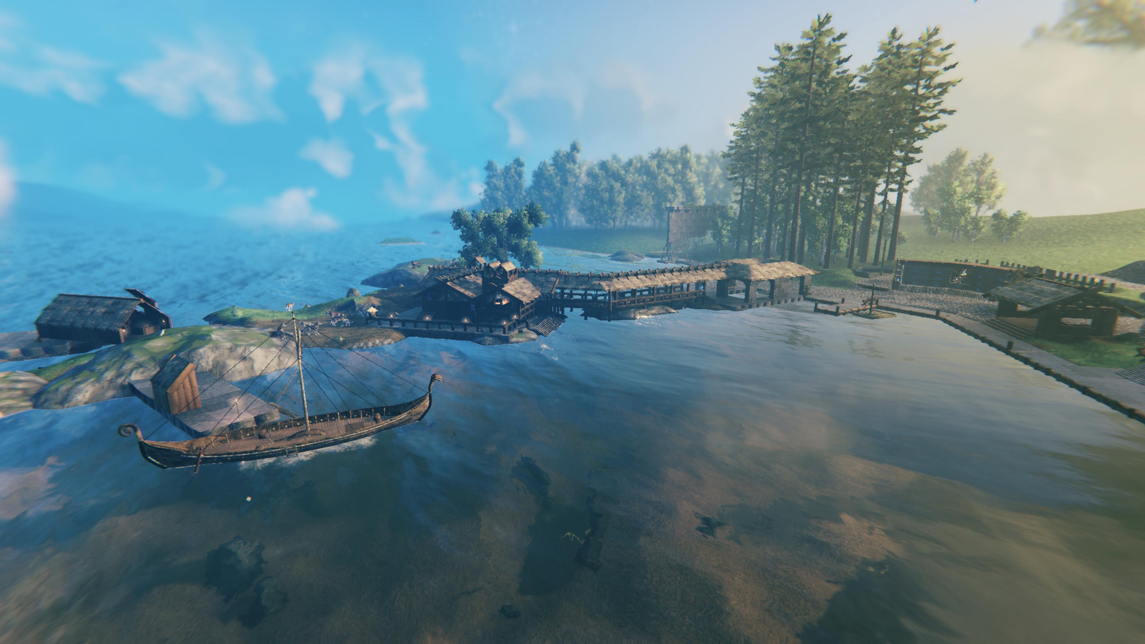 From right to left: cart shed, Shrine to the Sea, bathhouse, Ragnar's Bridge, Ragnar's house, Ragnar's dock and longship, covered bridge.