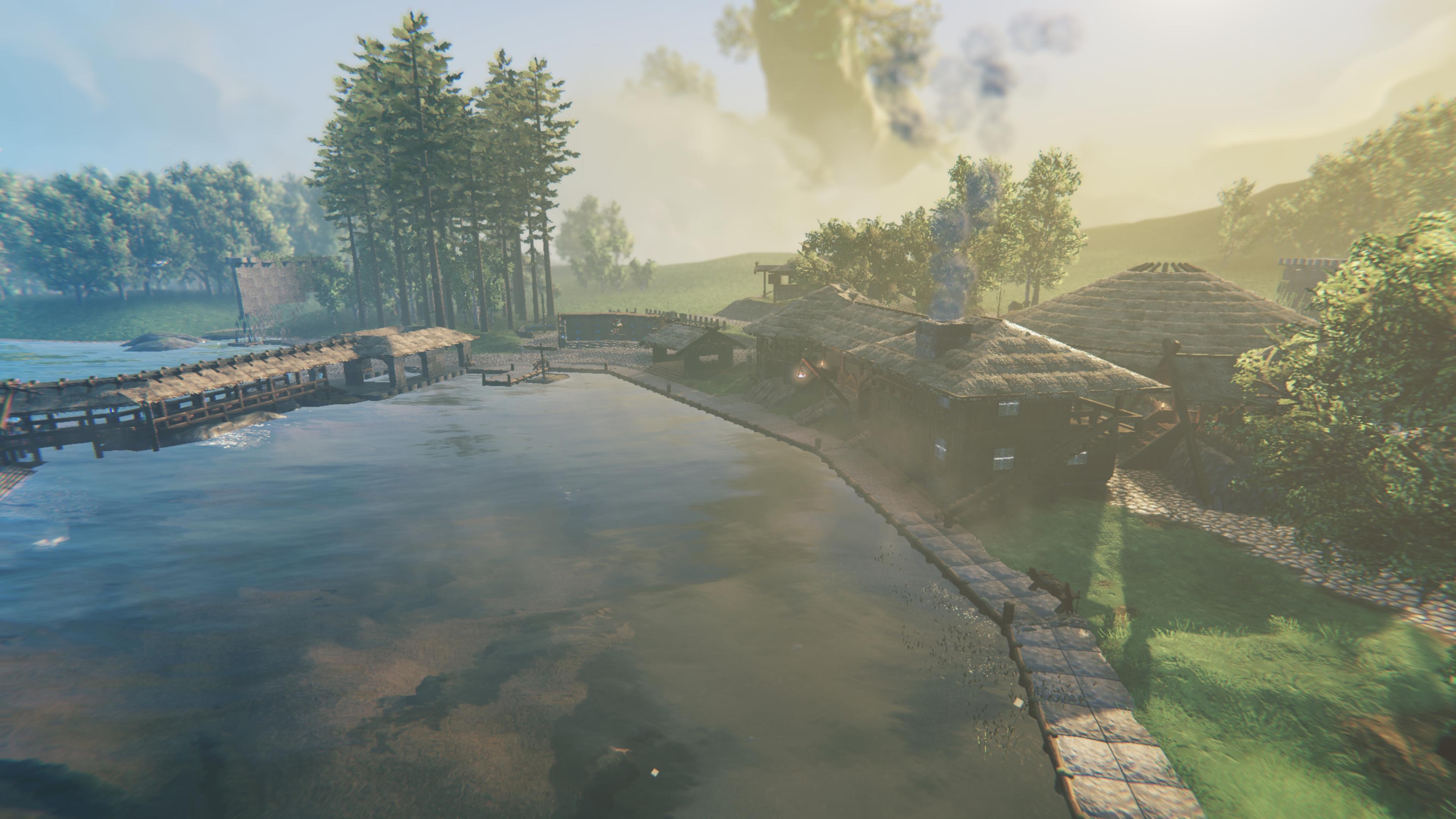 From left to right: Ragnar's Bridge, bathhouse, Shrine to the Sea, cart shed, smeltery, Si's house, store and mead hall, and piggery.