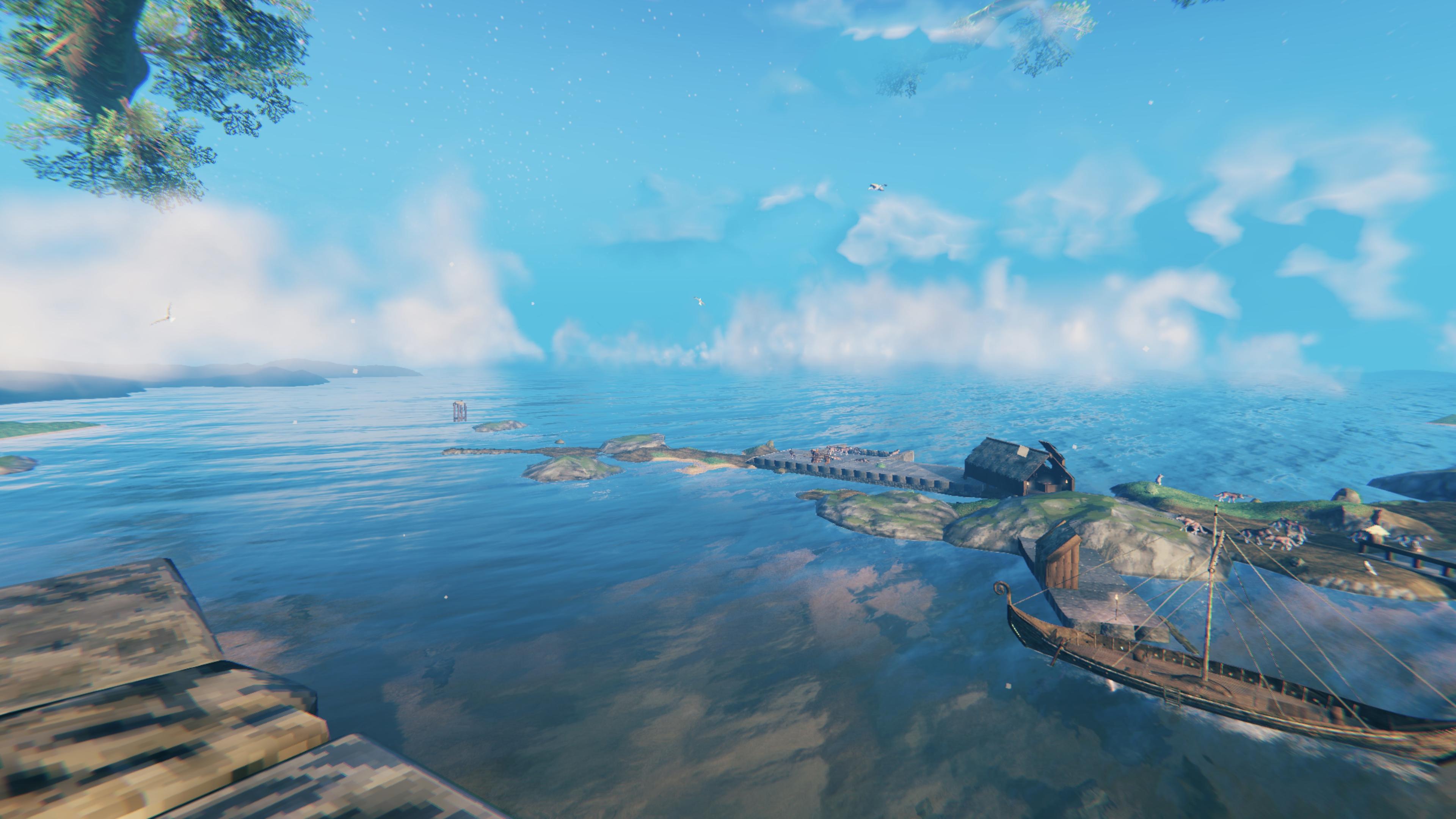 From right to left: Ragnar's house, Ragnar's dock and longship, covered bridge, serpent pit trap, the mouth of the harbour leading to the oceans of Valheim.