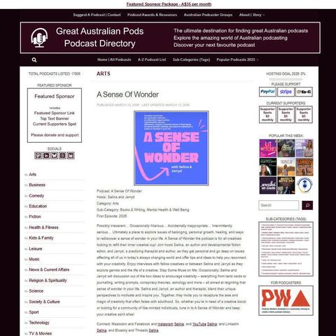 A Sense Of Wonder
Screenshot of the podcast listing on the Great Australian Pods website