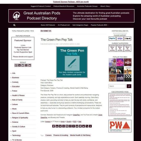 The Green Pen Pep Talk
Screenshot of the podcast listing on the Great Australian Pods website