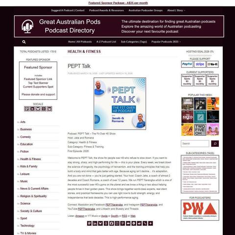 PEPT Talk - The Fit Over 40 Show
Screenshot of the podcast listing on the Great Australian Pods website