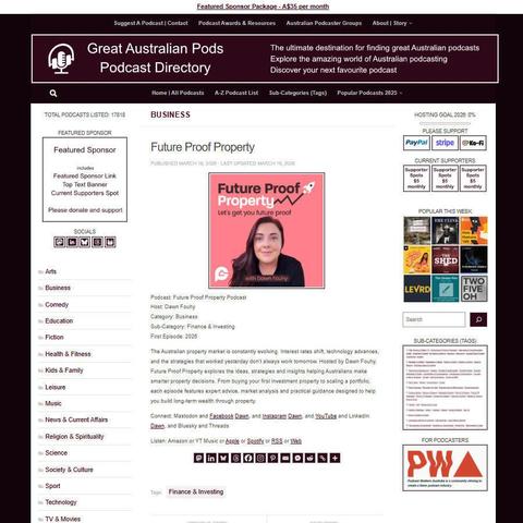 Future Proof Property Podcast
Screenshot of the podcast listing on the Great Australian Pods website