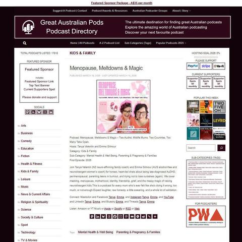 Menopause, Meltdowns & Magic - Two Audhd, Midlife Mums. Two Countries. Too Many Tabs Open.
Screenshot of the podcast listing on the Great Australian Pods website